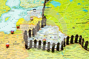 Concept of common border Russia and Belarus. Fence separating from European countries NATO Latvia Lithuania and Estonia
