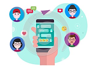 The concept of communicating with family and friends with cartoon characters holding a phone with pictures and a list of friends