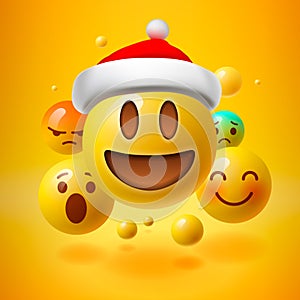 Concept for community people teamwork, yellow background with group of smiley emoticons in Santa`s hat, emoji, vector