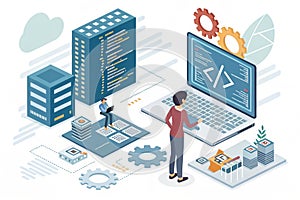 Concept of computer programming or developing software or game. illustration with coding symbols and programming windows -