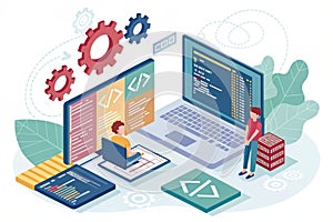 Concept of computer programming or developing software or game. illustration with coding symbols and programming windows -