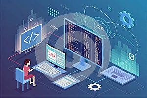 Concept of computer programming or developing software or game. illustration with coding symbols and programming windows -