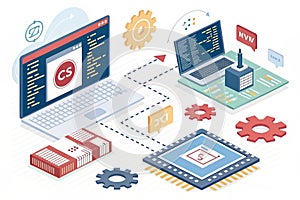 Concept of computer programming or developing software or game. illustration with coding symbols and programming windows -