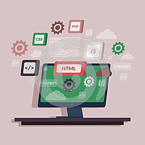 Concept of computer programming or developing software or game. Monitor with coding symbols