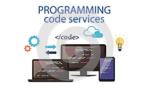 Concept of computer programming or developing software or game. Vector illustration with coding symbols and programming windows.