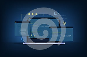 Computer programming, software development illustration with coding and windows.