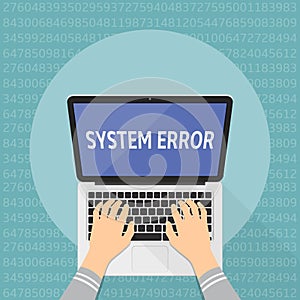 Concept of computer system error. Hands on laptop keyboard