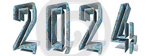 Concept or conceptual 2024 year made of old, rusted metal isolated on white background. An abstract 3D illustration as a metaphor