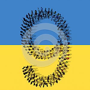 Concept or conceptual community  of people forming the number 9 on Ukrainian flag. 3d illustration metaphor for education, school