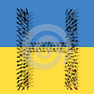 Concept or conceptual community  of people forming the symbol H on Ukrainian flag. 3d illustration metaphor for education, school