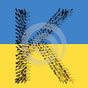 Concept or conceptual community  of people forming the symbol K on Ukrainian flag. 3d illustration metaphor for education, school