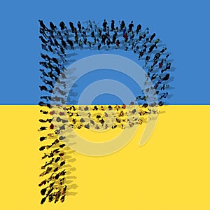 Concept or conceptual community  of people forming the symbol P on Ukrainian flag. 3d illustration metaphor for education, school