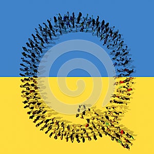 Concept or conceptual community  of people forming the symbol Q on Ukrainian flag. 3d illustration metaphor for education, school