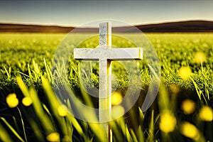 Concept conceptual cross religion symbol silhouette in grass over sunset or sunrise sky, generative ai