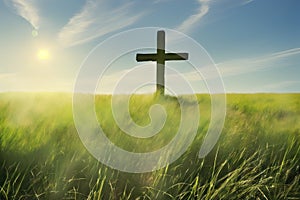 Concept conceptual cross religion symbol silhouette in grass over sunset or sunrise sky, generative ai