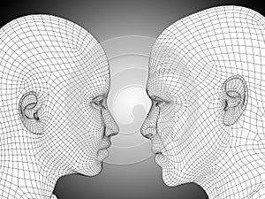 3D illustration wireframe or mesh human male and female head