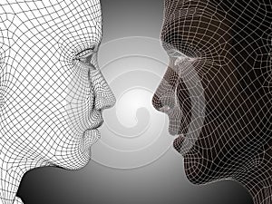 3D illustration wireframe or mesh human male and female head on gray background