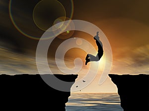 3D illustration young man or businessman silhouette jump happy from cliff over water gap sunset or sunrise