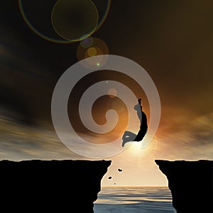 3D illustration young man or businessman silhouette jump happy from cliff over water gap sunset or sunrise