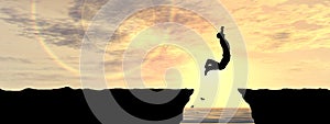 Conceptual 3D illustration young man or businessman silhouette jump happy from cliff over water gap sunset or sunrise