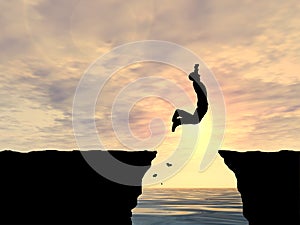 3D illustration young man or businessman silhouette jump happy from cliff over water gap sunset or sunrise