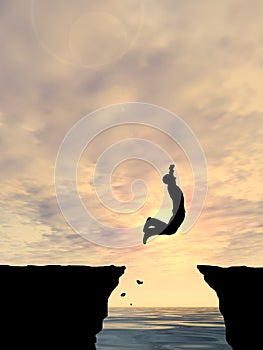 3D illustration young man or businessman silhouette jump happy from cliff over water gap sunset or sunrise
