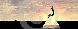 3D illustration young man or businessman silhouette jump happy from cliff over water gap sunset or sunrise