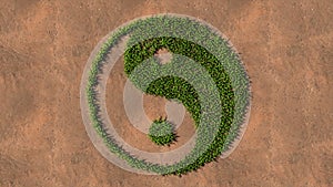 Green summer lawn grass symbol shape on brown soil or earth background, chinese symbol of Yin-Yang