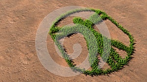 Green summer lawn grass symbol shape on brown soil or earth background, vitruvius man sign photo