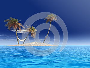 Concept or conceptual isolated exotic island with palm trees with a hammock and sand in the sea or ocean over blue