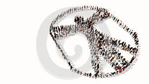 Large gathering of people forming an image of the vitruvius man on white background photo