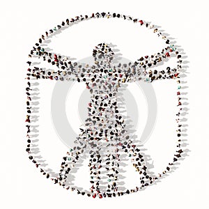 Large gathering  of people forming an image of the vitruvius man on white background. photo
