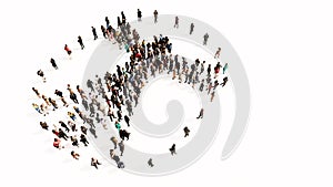 Large gathering  of people forming an image of the vitruvius man on white background photo