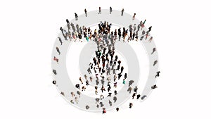 Large gathering of people forming an image of the vitruvius man on white background. photo