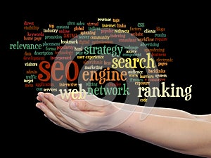 Concept or conceptual search engine optimization, seo abstract word cloud