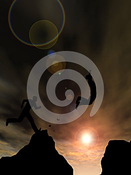 D illustration man or businessman silhouette jump happy from cliff over gap sunset or sunrise sky