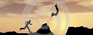 Conceptual young 3D illustration man or businessman silhouette jump happy from cliff over gap sunset or sunrise sky