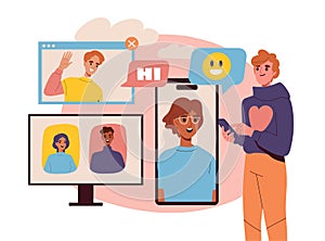 Concept of connectivity. Illustration of people engaging in a video call, showcasing digital communication, on a warm