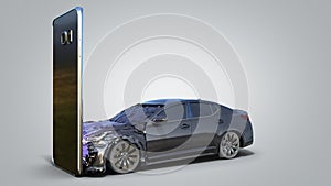Concept of the consequences of using a smartphone while driving car crashes into a smartphone 3d render on grey gradient