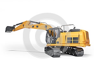 Concept construction equipment hydraulic crawler excavator with raised bucket 3d rendering on white background with shadow