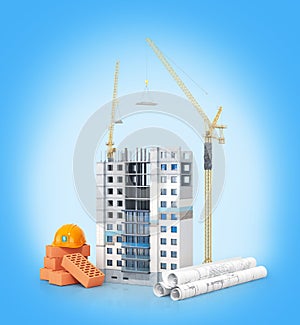 Concept of construction. High-rise building with insulated facade. drawings with a plan and building materials near the building