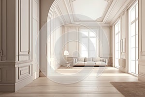 Contemporary beige white bright empty interior with wall panel and moldings, 3d render illustration mockup. Generative AI