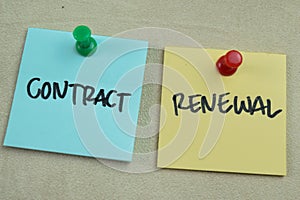 Concept of Contract Renewal write on sticky notes isolated on Wooden Table