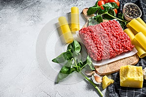 The concept of cooking cannelloni pasta with ground beef. ingredients Basil, cherry tomatoes, Parmesan, garlic. Gray background.