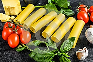 The concept of cooking cannelloni pasta. ingredients Basil, cherry tomatoes, Parmesan, garlic. Black background. top view