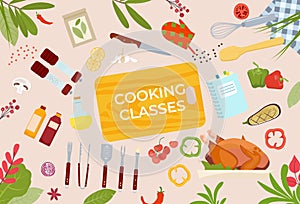 Concept cooking classes banner layout set, text font phrase cuisine foodstuff preparation with kitchenware flat vector