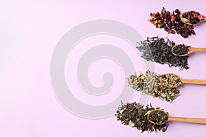 Concept of cooking tea with different types of tea on purple background