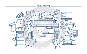 Concept of copy center, print shop, publishing. Horizontal banner with printer, monitor, scanner, different equipment