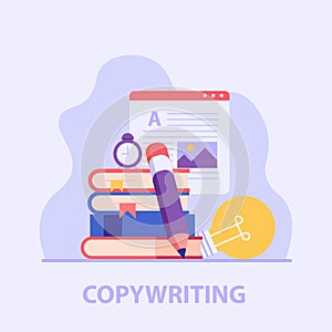 Concept of copywriting, journalism, writing, copyright idea, blogging, smm, management. Stack of books, content, pencil, bulb, ala