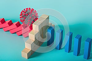 Concept of coronavirus pandemic with falling chain like a domino game. Contagion and infection progression